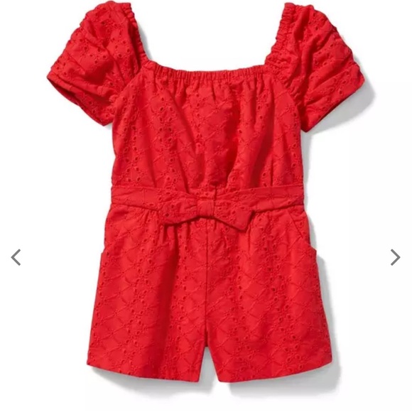 Janie and Jack Other - Janie and Jack red girls eyelet bow romper puff sleeves size 3-6M